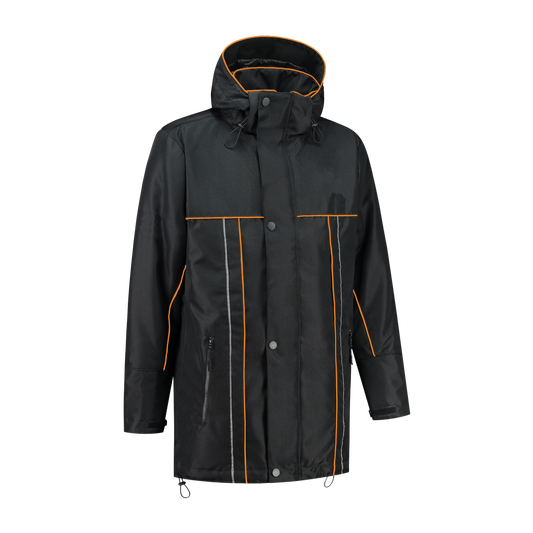 Winter werkjas zwart met kleuraccent oranje- voor professionals warm, waterdicht en herkenbaar