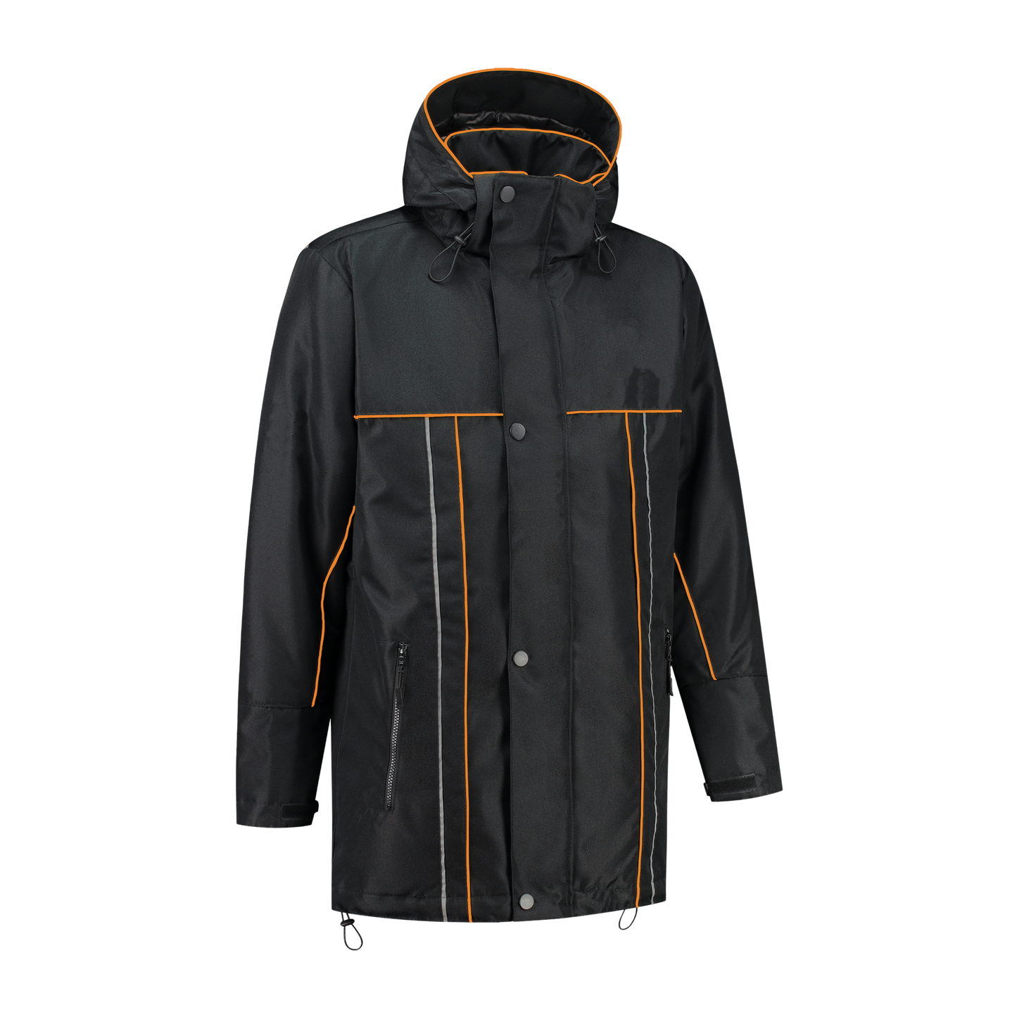 Winter werkjas zwart met kleuraccent oranje- voor professionals warm, waterdicht en herkenbaar