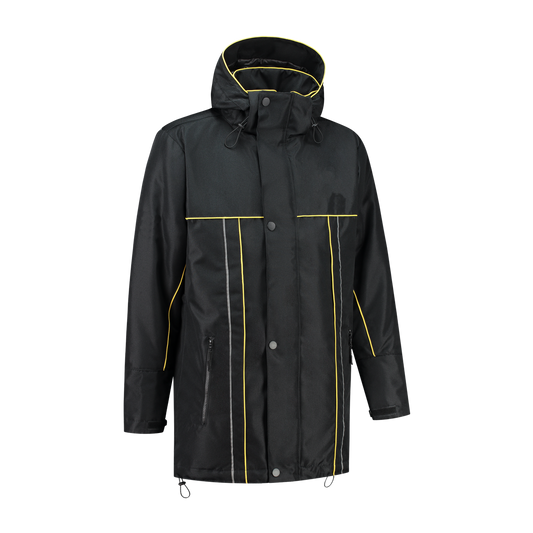 Winter werkjas zwart met kleuraccent geel- voor professionals warm, waterdicht en herkenbaar