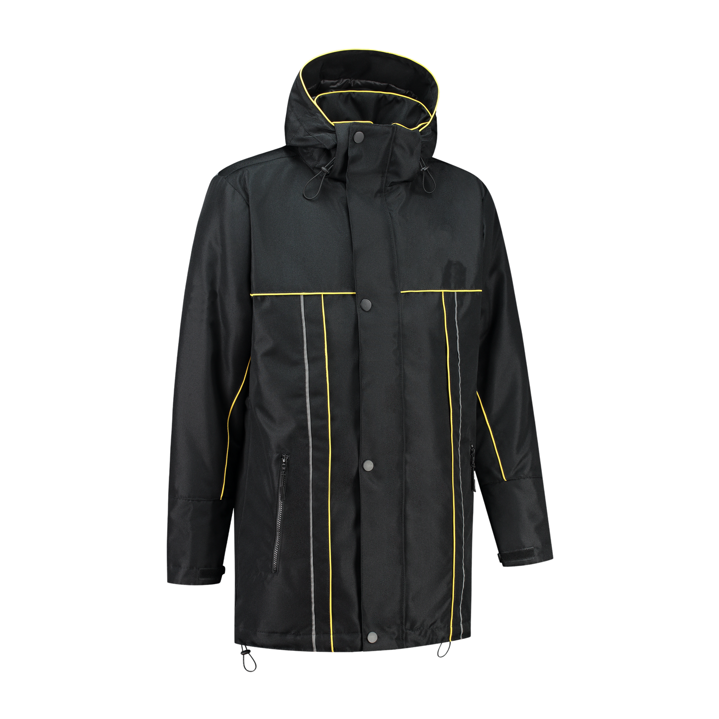 Winter werkjas zwart met kleuraccent geel- voor professionals warm, waterdicht en herkenbaar