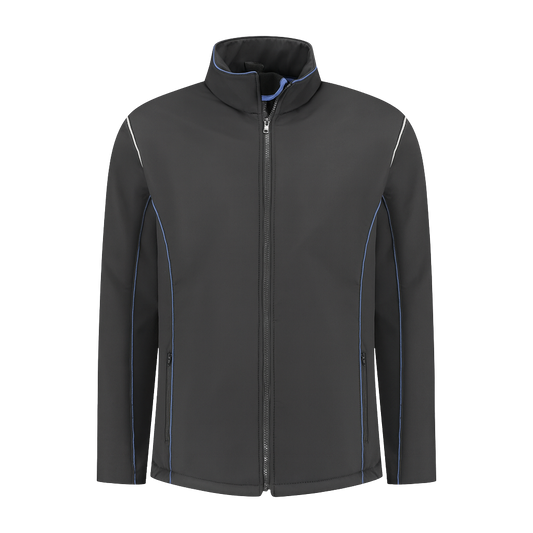 Softshell Werkjas antraciet met kleuraccent blauw- voor Professionals comfortabel, waterafstotend en winddicht