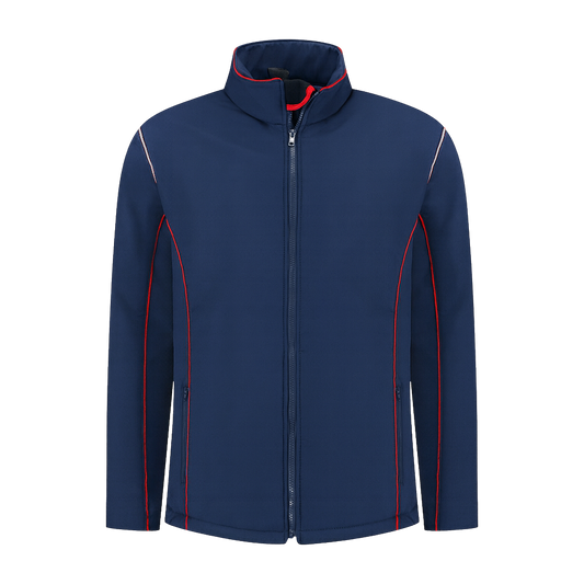 Softshell Werkjas Navy met kleuraccent blauw- voor Professionals comfortabel, waterafstotend en winddicht