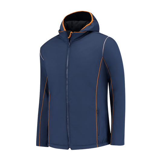 Softshell Werkjas Navy met kleuraccent blauw- voor Professionals comfortabel, waterafstotend en winddicht