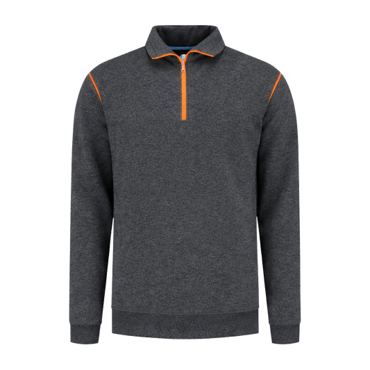 Werksweater Antraciet met kleuraccent oranje- voor professionals comfortabel, representatief en duurzaam