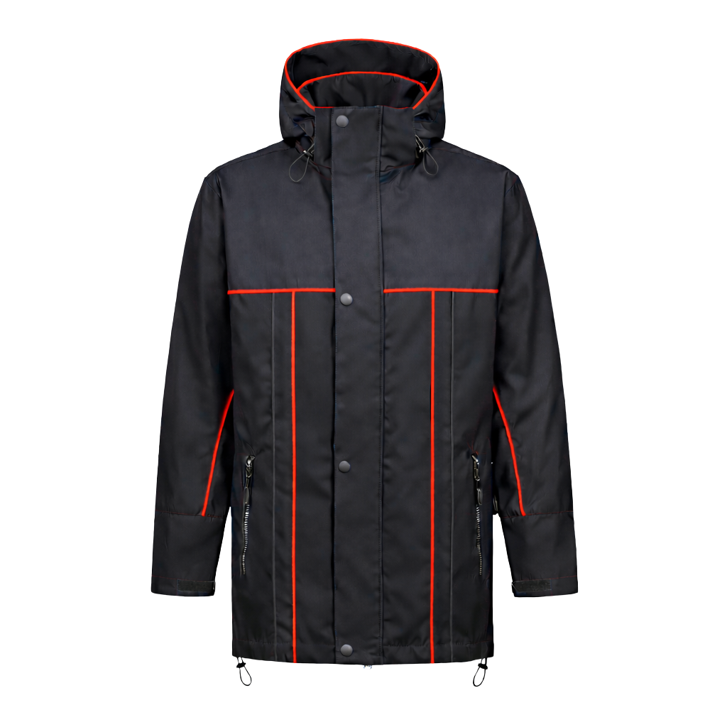 Winter werkjas zwart met kleuraccent rood- voor professionals warm, waterdicht en herkenbaar