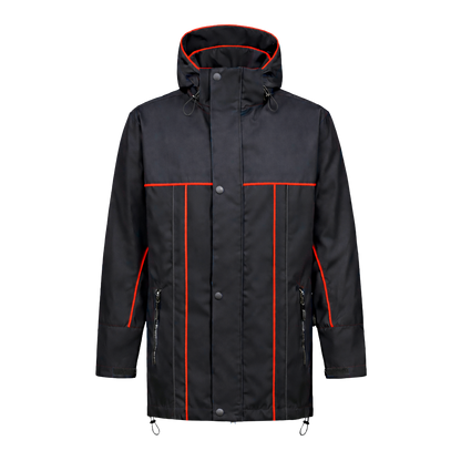 Winter werkjas zwart met kleuraccent rood- voor professionals warm, waterdicht en herkenbaar