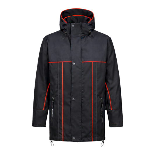 Winter werkjas zwart met kleuraccent rood- voor professionals warm, waterdicht en herkenbaar