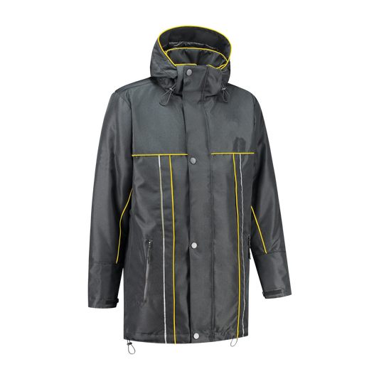 Winter werkjas antreciet met kleuraccent geel- voor professionals warm, waterdicht en herkenbaar