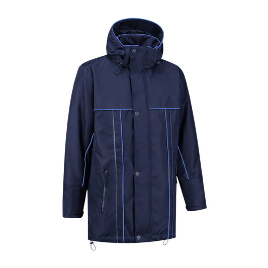 Winter werkjas blauw met kleuraccent blauw- voor professionals warm, waterdicht en herkenbaar