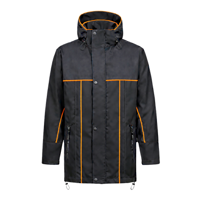 Winter werkjas zwart met kleuraccent oranje- voor professionals warm, waterdicht en herkenbaar
