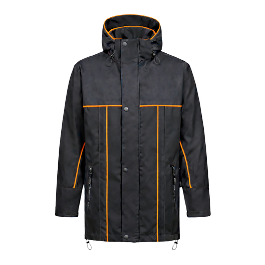 Winter werkjas zwart met kleuraccent oranje- voor professionals warm, waterdicht en herkenbaar