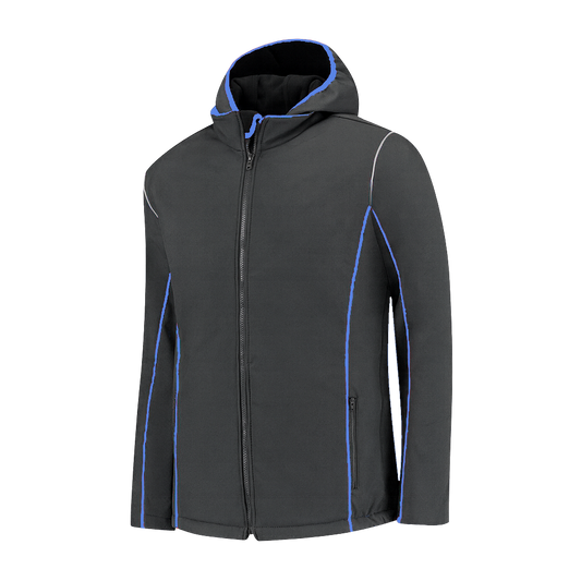 Softshell Werkjas antraciet met kleuraccent blauw- voor Professionals comfortabel, waterafstotend en winddicht