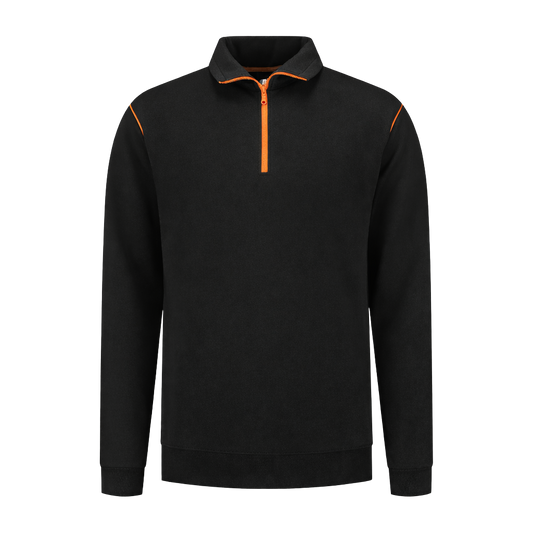 Werksweater Zwart met kleuraccent oranje- voor professionals comfortabel, representatief en duurzaam