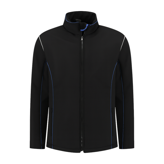Softshell Werkjas zwart met kleuraccent blauw- voor Professionals comfortabel, waterafstotend en winddicht
