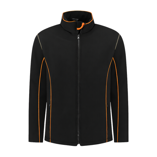Softshell Werkjas zwart met kleuraccent oranje- voor Professionals comfortabel, waterafstotend en winddicht