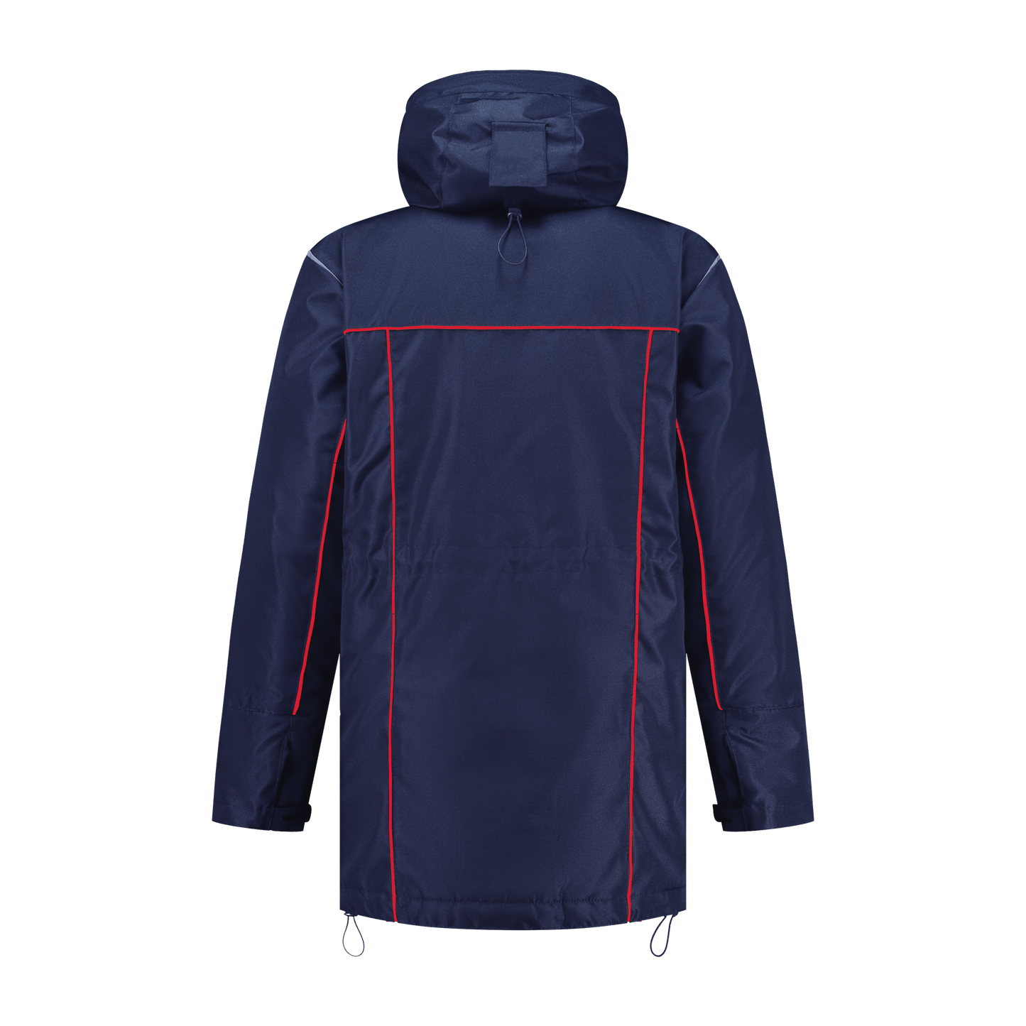 Winter werkjas blauw met kleuraccent rood- voor professionals warm, waterdicht en herkenbaar