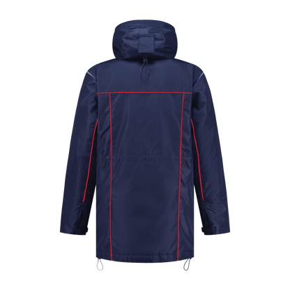 Winter werkjas blauw met kleuraccent rood- voor professionals warm, waterdicht en herkenbaar