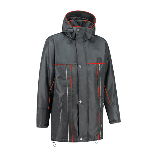 Winter werkjas antraciet met kleuraccent rood voor professionals warm, waterdicht en herkenbaar