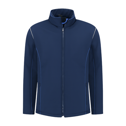 Softshell Werkjas Navy met kleuraccent blauw- voor Professionals comfortabel, waterafstotend en winddicht