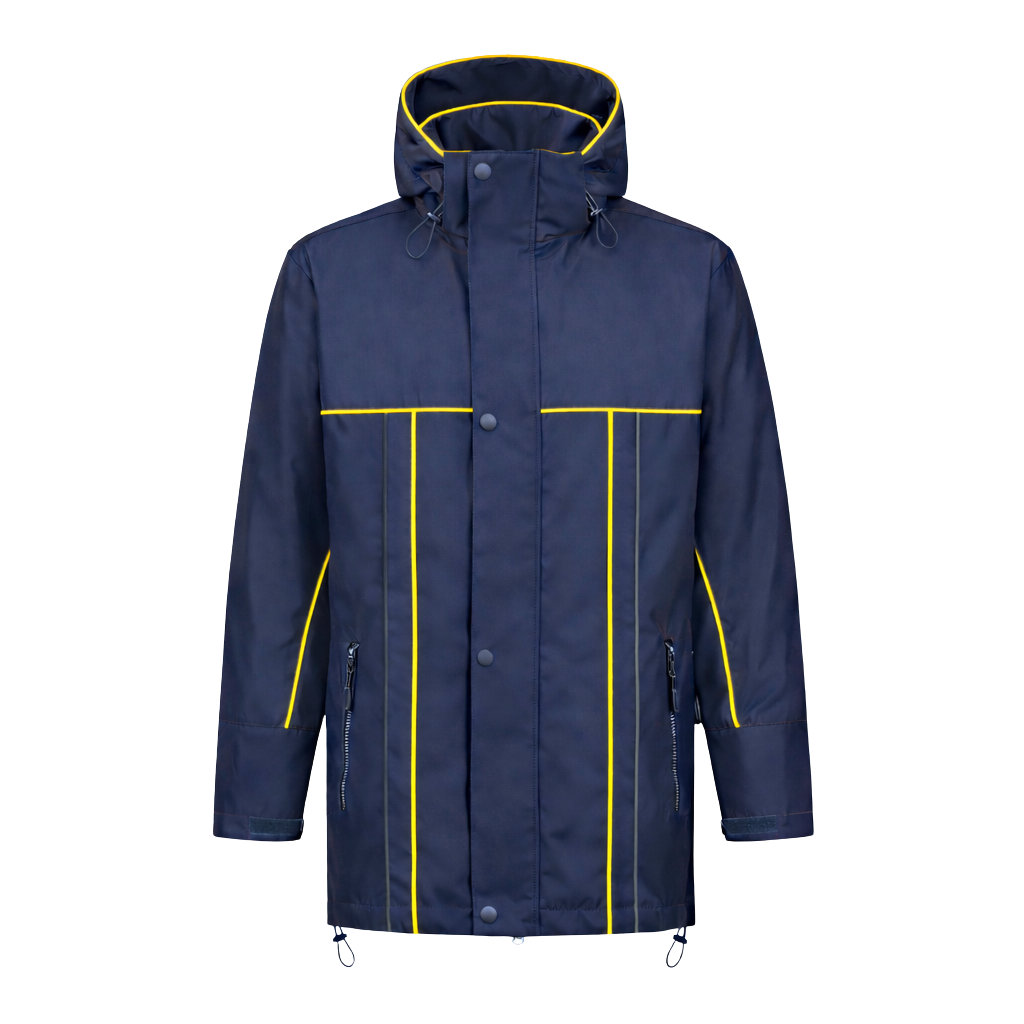 Winter werkjas blauw met kleuraccent geel- voor professionals warm, waterdicht en herkenbaar
