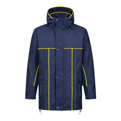 Winter werkjas blauw met kleuraccent geel- voor professionals warm, waterdicht en herkenbaar