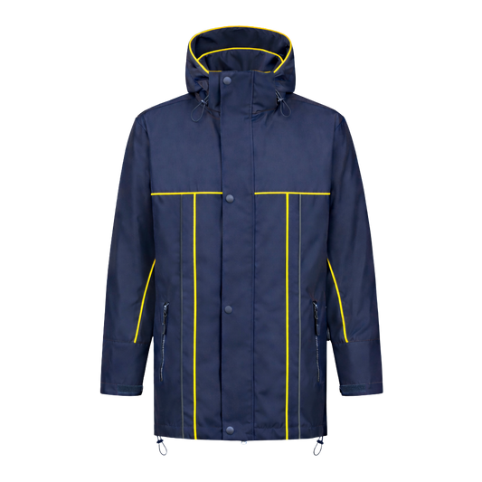 Winter werkjas blauw met kleuraccent geel- voor professionals warm, waterdicht en herkenbaar