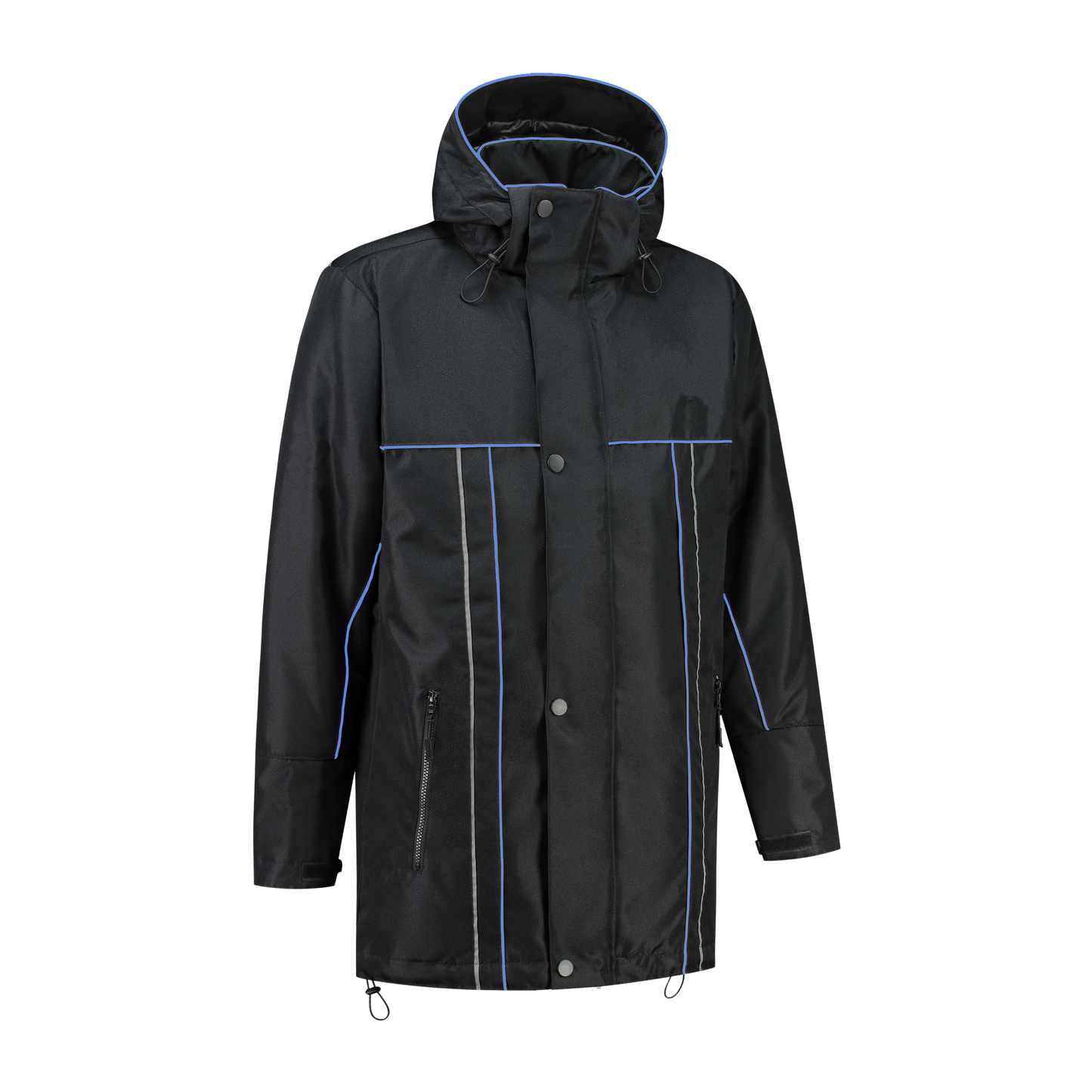 Winter werkjas zwart met kleuraccent blauw- voor professionals warm, waterdicht en herkenbaar