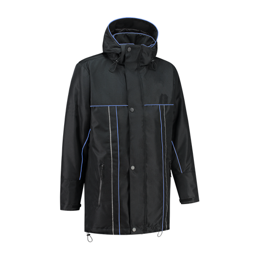 Winter werkjas zwart met kleuraccent blauw- voor professionals warm, waterdicht en herkenbaar